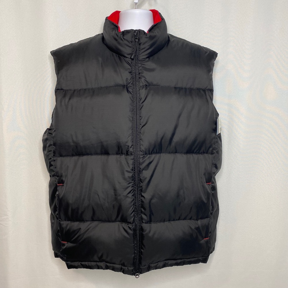 Phys Sci Mens Ebony Black Down Puffer Vest Ripstop Red Fleece Collar XL 92825